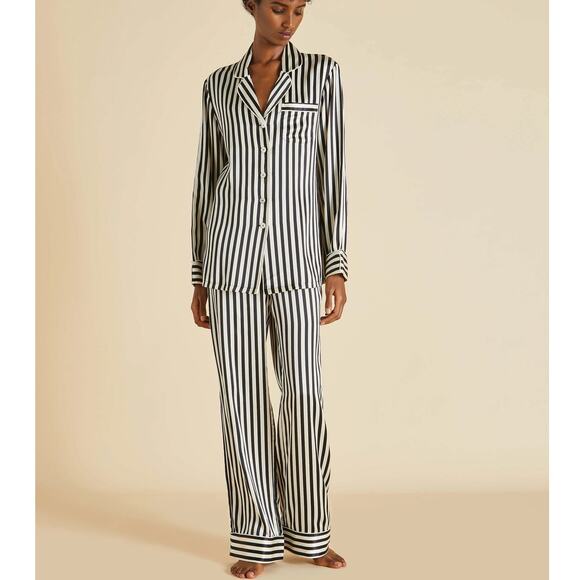 NEW Olivia von Halle Lila Nika Silk Satin Pajamas Set SIZE 2 Black Ivory NWOT - Picture 1 of 16